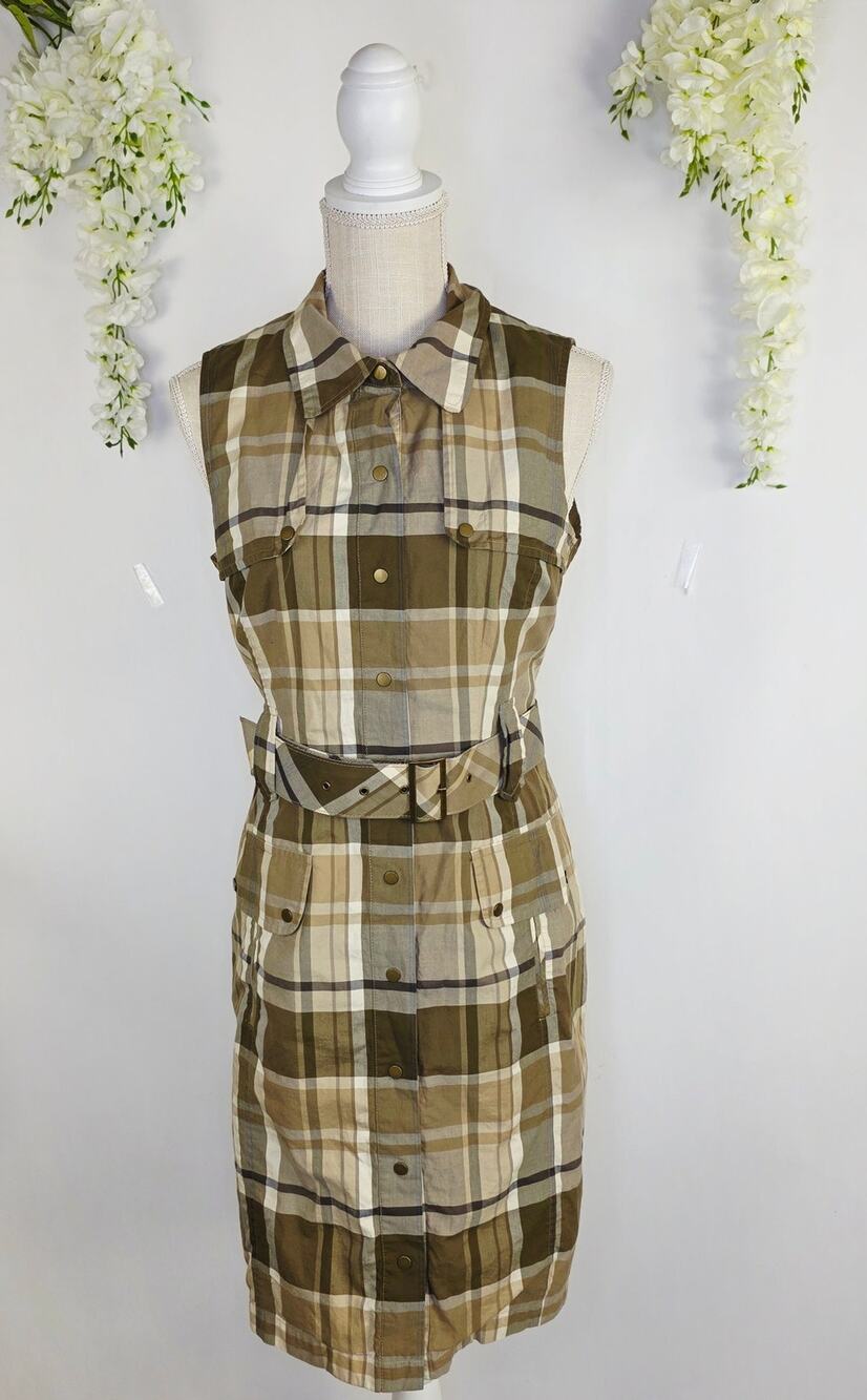 Talbots Petites Shirt Dress 10 Plaid Brown Belted Snap Preppy Old Money Academia